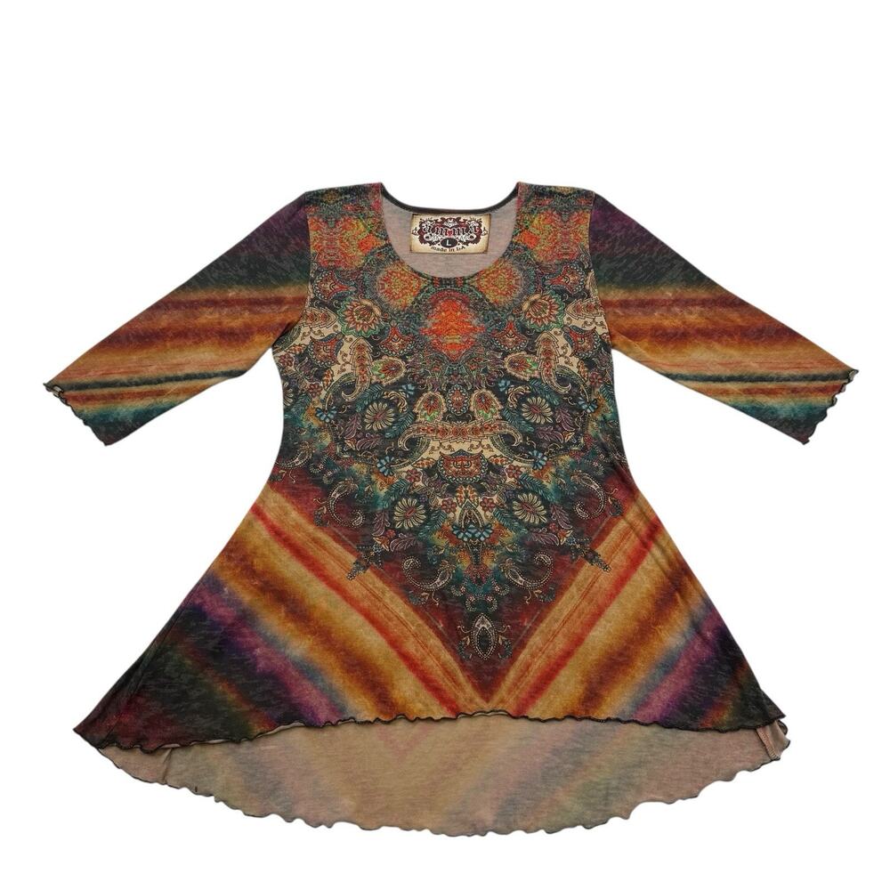 Amma Design Shirt Womens Large L Floral Paisley Tunic 3/4 Sleeve Boho Hippie